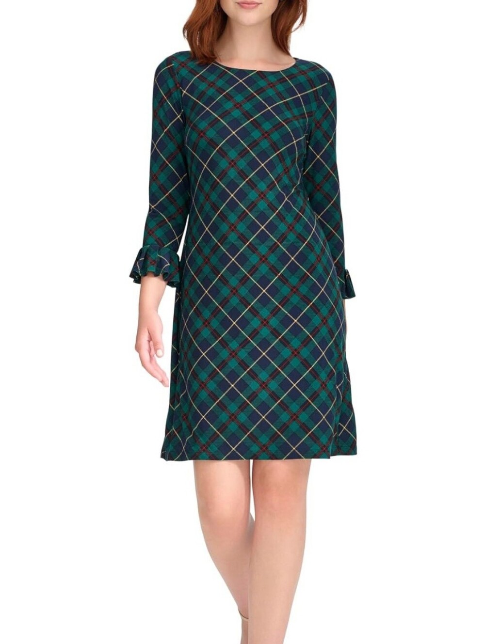 NEW Tommy Hilfiger Women's Green and Blue Plaid Shift Crewneck Dress 10